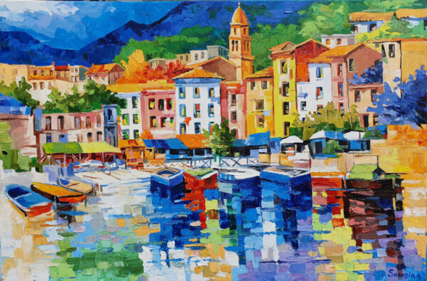 Olieverfschilderij Italiaans Havenstadje